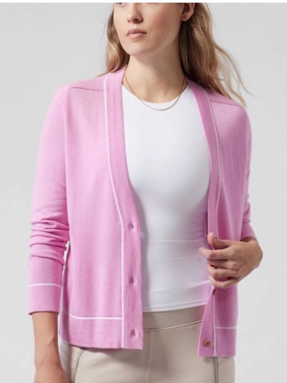 Athleta Lightweight Merino Wool Lyocell Cardigan Quartz Pink Medium tennis golf